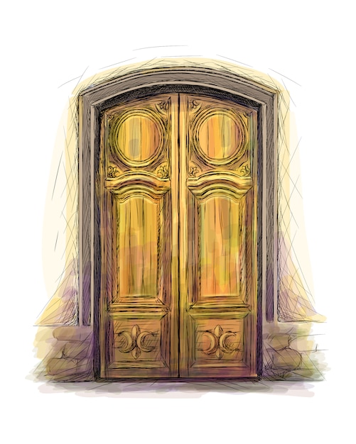 Elementi di architettura, sfondo porta d'ingresso, vecchia porta di legno disegnata a mano. illustrazione vettoriale