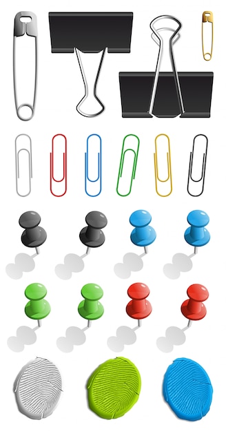 Vector elements for attaching paper. pin, plasticine and paperclip set.  illustration  on white background.