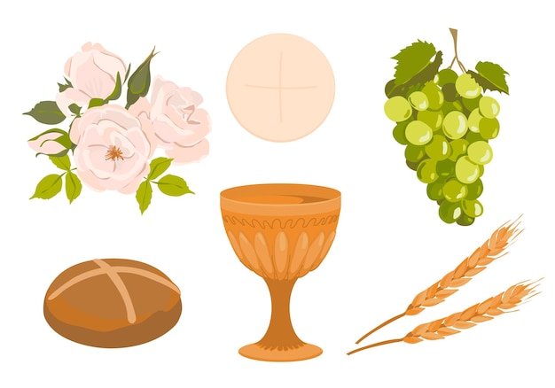 Vector elements of a catholic first communion vector set golden bowl for wine bread wine grapes white roses elements for beautiful invitation design