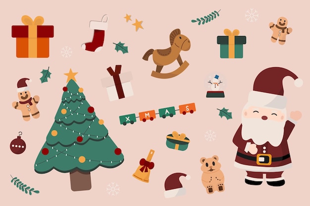 Elements of Christmas seasonal isolate on pink background