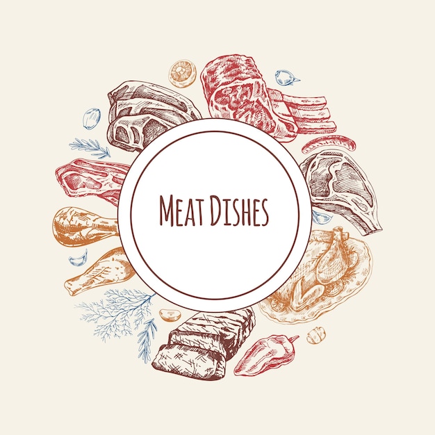 Elements in circle Meat and vegetables menu template in engraved vintage style