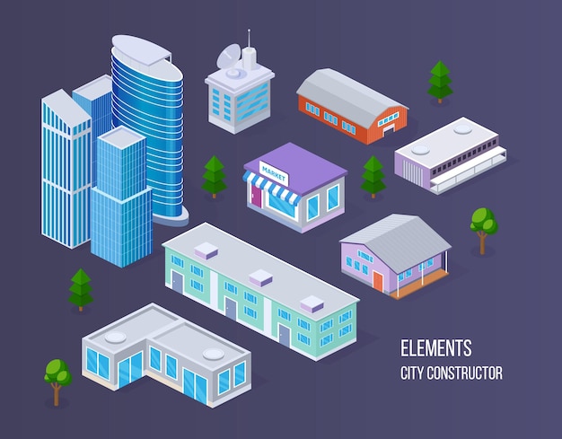 Elements city construction buildings modern houses business center market farm premises warehouse school power station city elements constructor for creating own maps of city isometric vector