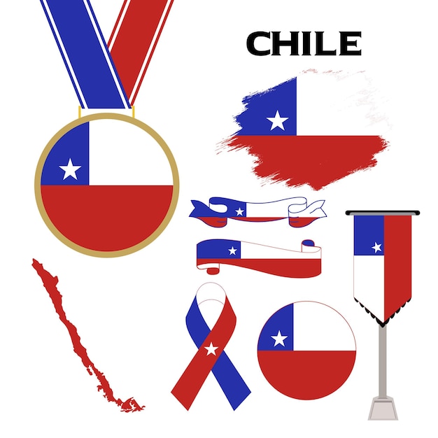 Elements Collection With The Flag of Chile Design Template. Chile Flag, Ribbons, Medal, Map, Grunge
