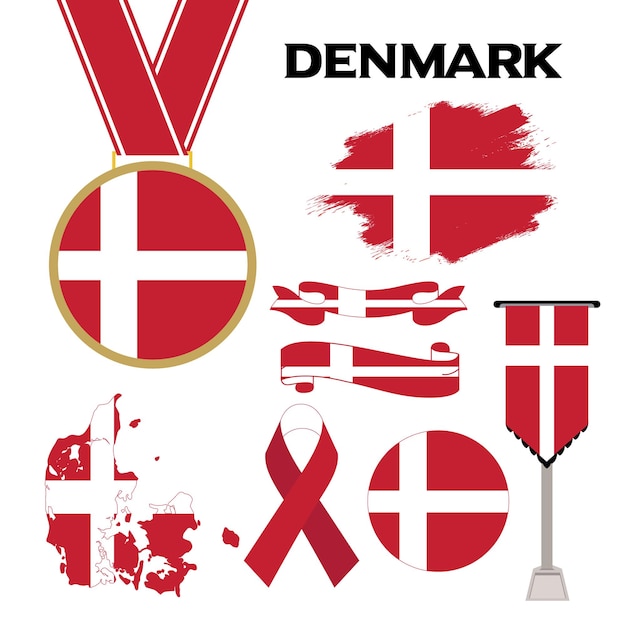 Elements Collection With The Flag of Denmark Design Template. Denmark Flag, Ribbons, Medal, Map