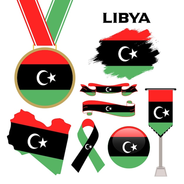 Elements collection with the flag of libya design template. libya flag, ribbons, medal, map, grunge