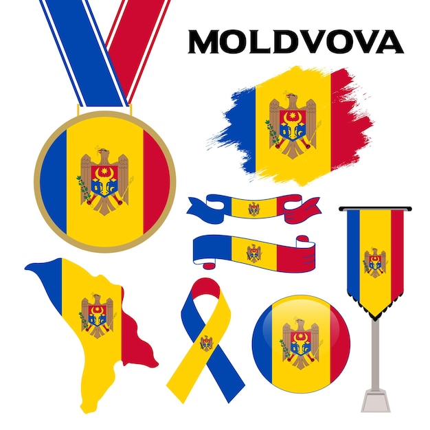 Elements Collection With The Flag of Moldova Design Template. Moldova Flag, Ribbons, Medal, Map