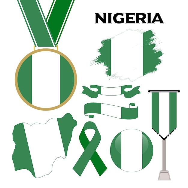 Elements Collection With The Flag of Nigeria Design Template. Nigeria Flag, Ribbons, Medal, Map