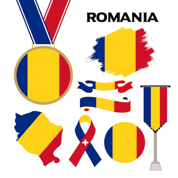 Elements Collection With The Flag of Romania Design Template. Romania Flag, Ribbons, Medal, Map