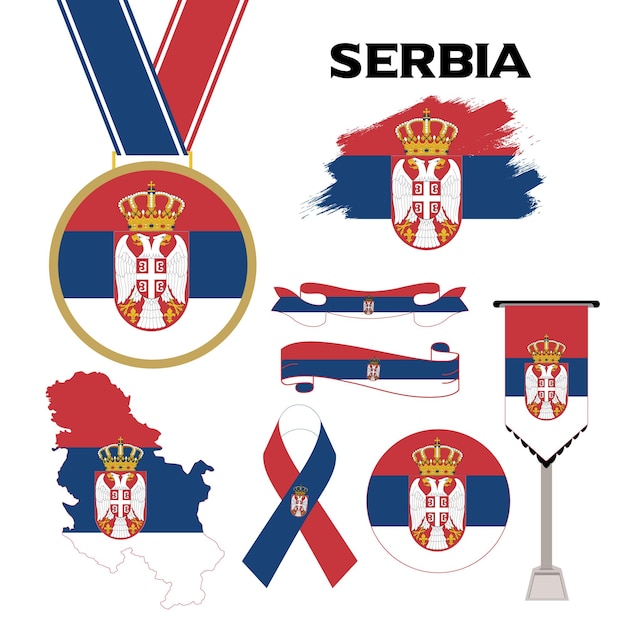 Vector elements collection with the flag of serbia design template. serbia flag, ribbons, medal, map