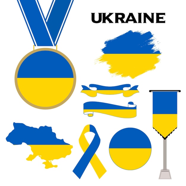 Elements Collection With The Flag of Ukraine Design Template. Ukraine Flag, Ribbons, Medal, Map