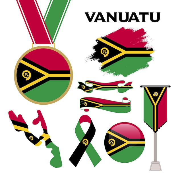Raccolta di elementi con la bandiera del modello di progettazione di vanuatu. bandiera vanuatu, nastri, medaglia, mappa