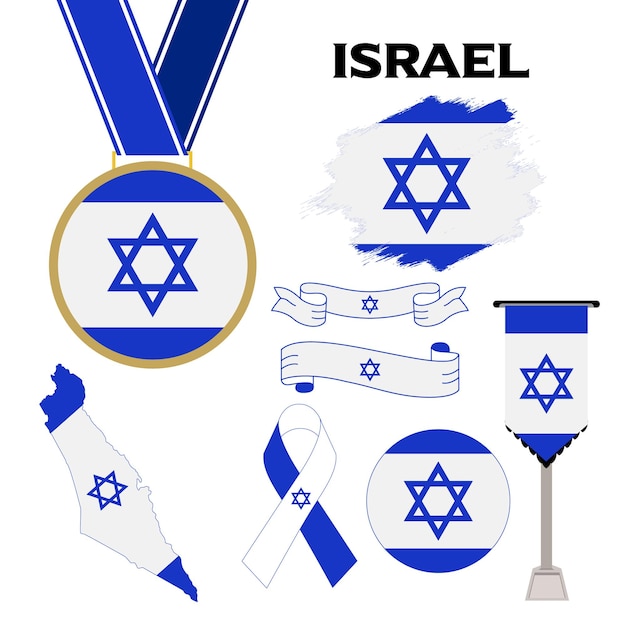 이스라엘 디자인 서식 파일의 국기와 함께 요소 컬렉션입니다. 이스라엘 국기, 리본, 메달, 지도
