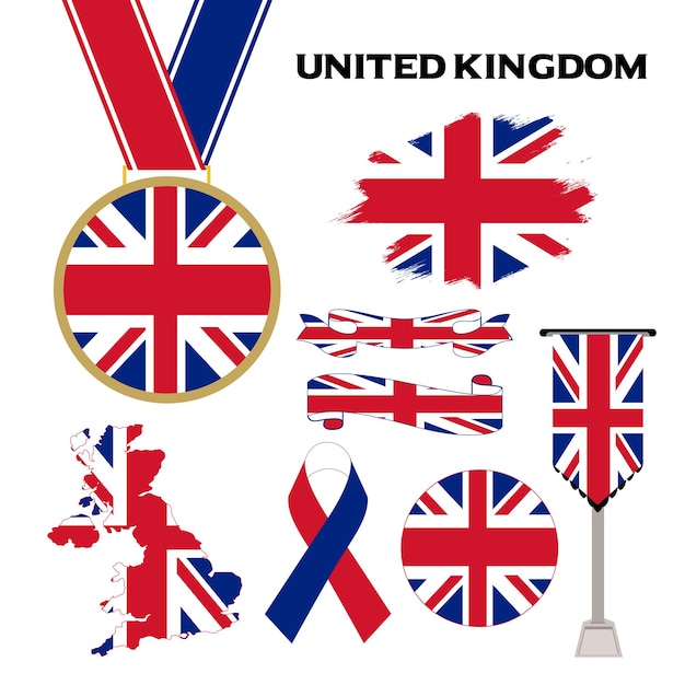 영국 디자인 서식 파일의 국기와 함께 요소 컬렉션입니다. 영국 국기, 리본
