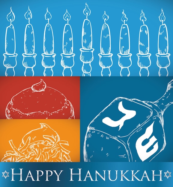 Elements and dishes for hanukkah chanukiah candles dreidel spinning top sufganiyah and latke