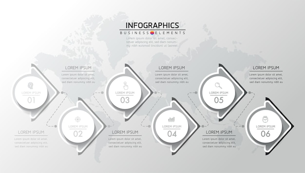 インフォグラフィックの要素。プレゼンテーションとチャート。ステップまたはプロセス。オプション番号ワークフローテンプレートdesign.6steps。