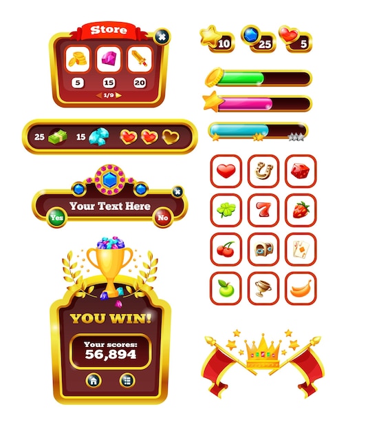 Elements game interface Casino icons for slot machines lotteries for 2d games Mobile game design gaming creativity mobile art kit play ui interface illustration vector illustration isolated