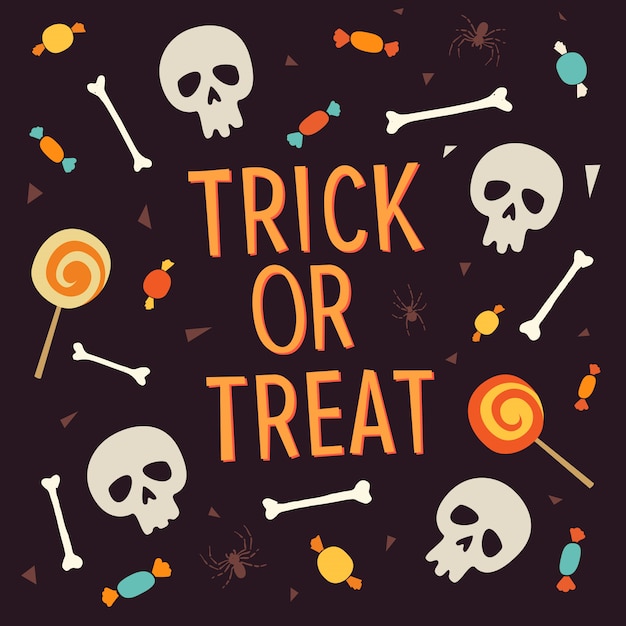 Элементы хэллоуина. надпись или угощение окружено костями, черепами, конфетами, леденцами, конфетами.