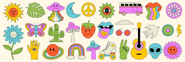 Elements in the hippie style of the 70s a collection of psychedelic groove Cartoon funny mushrooms flowers butterfly alien rainbow nostalgic colorful set of vector shapes