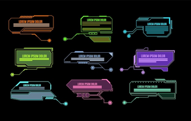 要素 Hud 未来的なコールアウト バー現代のデジタル情報ボックス レイアウト抽象的な視覚化ユーザー インタラクティブ ダッシュ ボード輝く vr メニューの幾何学的なパネルとコピー スペース ベクトルが黒のセットに分離