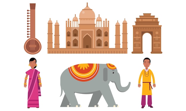 Elementi della cultura religiosa indiana o routine abbigliamento nazionale e uno strumento musicale attrazioni architettoniche come il palazzo taj mahal e la porta dell'india a nuova delhi elefante