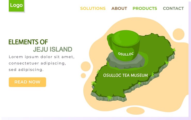 Vector elements of jeju island landing page template traveling to asia by landmark osulloc tea museum bush green cup in cartoon style attraction of beautiful island in south korea touristic entertainment
