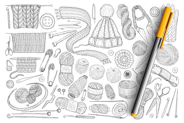 Vector elements for knitting doodle set. collection of hand drawn wool, knitwear, needles, pins, measure tape and scissors for knitting isolated.