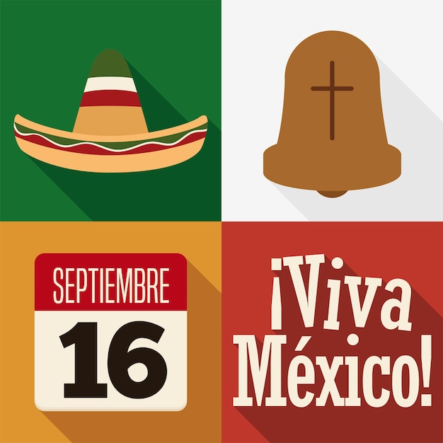 Elements for Mexico's Independence Day charro hat Hidalgo's Bell and popular saying 'Viva Mexico'