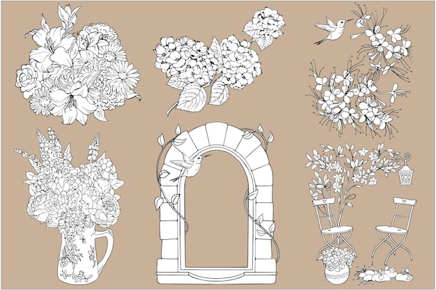 Elements on the theme of the garden. Black and white vector for coloring books. Brick arch.