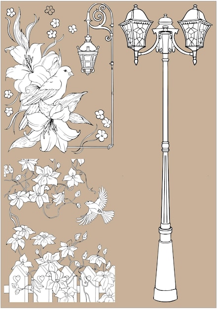 Elements on the theme of the garden. Black and white vector for coloring books. Lamp post.