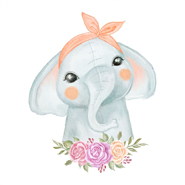 Vector elephant baby cute with flower wreath watercolor illustration