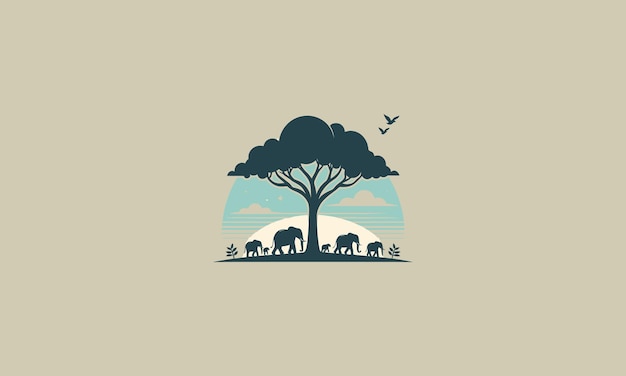 elephant under big tree vector logo design