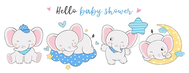 Elephant boy for baby shower Doodle cartoon style