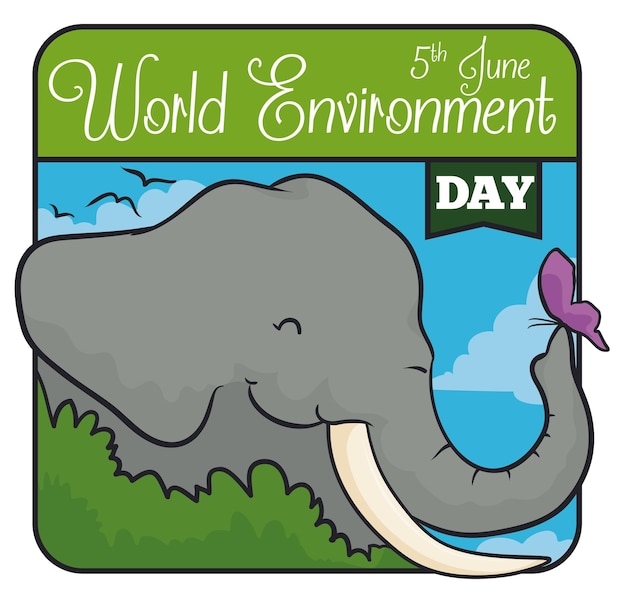 Elephant behind a bush with a butterfly celebrating World Environment Day