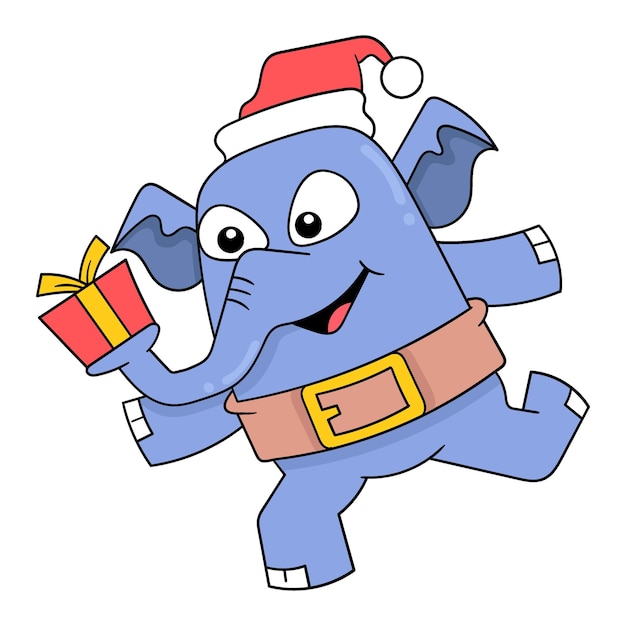Elephant celebrating christmas carrying a gift box doodle icon image kawaii