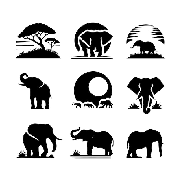 Vector elephant collection set of editable vector silhouettes icon in various poses