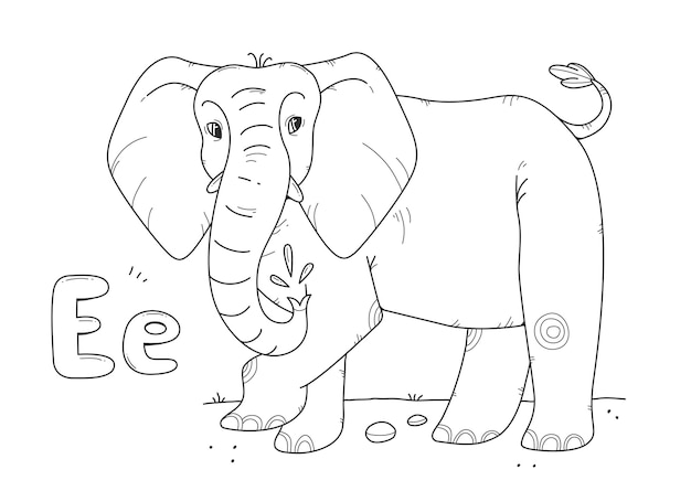 Elephant coloring book with english large and small letters e children's coloring page alphabet