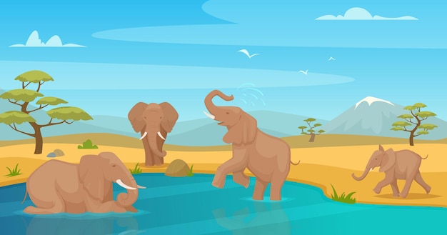 코끼리는 물을 마십니다. 케냐 사파리에서 걷는 사바나 야생 동물은 정확한 벡터 만화 배경을 여행합니다. 사파리 아프리카 그림에서 가족 코끼리