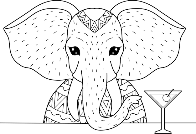 Vector elephant drinking cocktail glass on the trees for coloring book, coloring page.  illustration