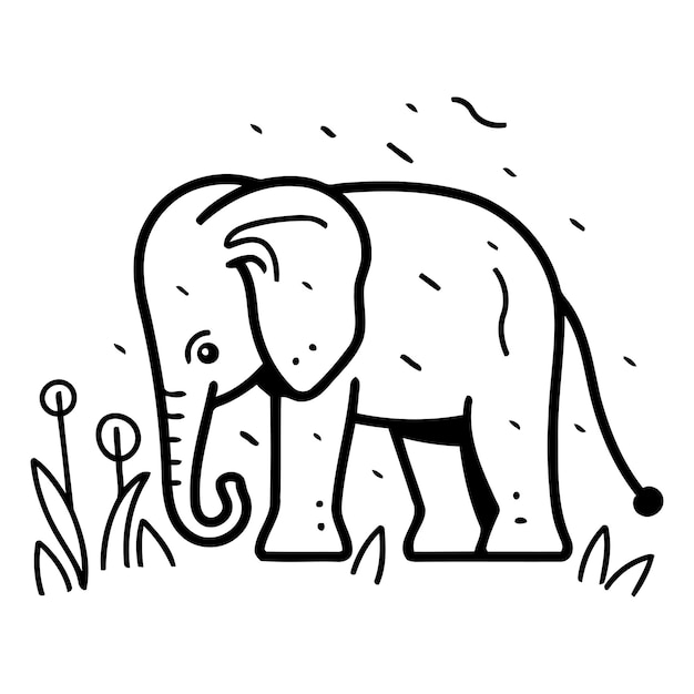 Vector elephant in the field vector illustration in flat linear style