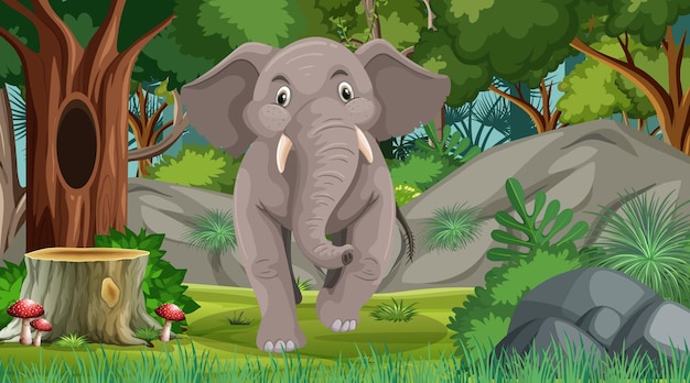 Vector elephant in forest or rainforest scene with many trees