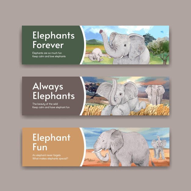 Concetto di divertimento elefante, set di banner in stile acquerello style