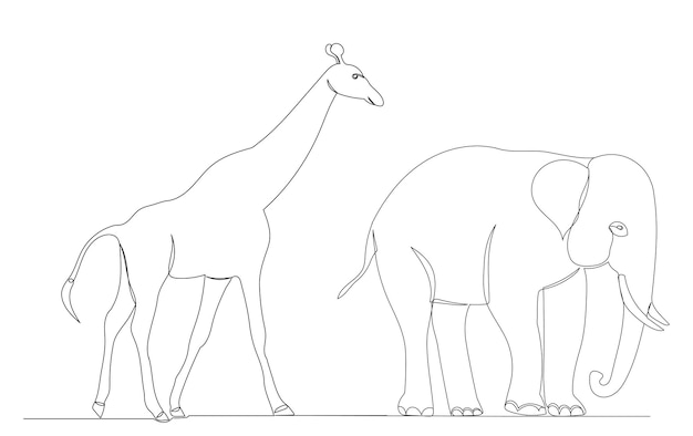 Elephant and giraffe drawing by one continuous line sketch vector