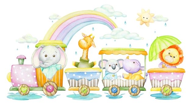 Elephant giraffe koala rhinoceros lion train rainbow sun watercolor clipart in cartoon style but isolated background