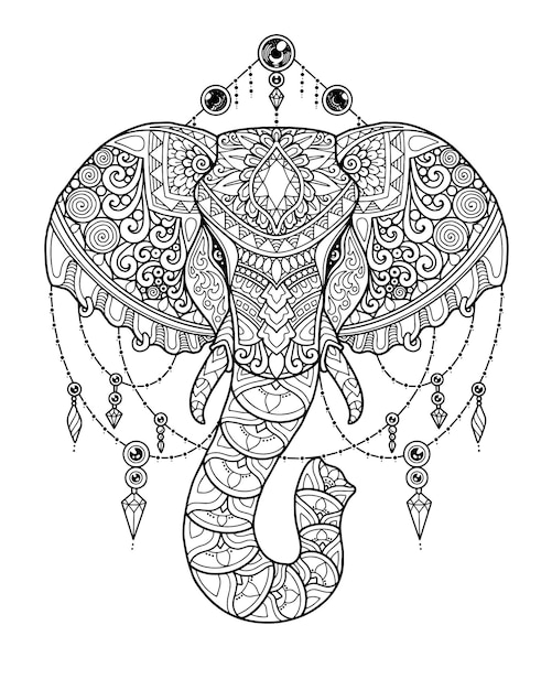 Testa di elefante mandala design. pagina da colorare