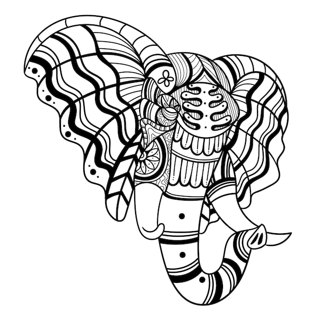 Иллюстрация страницы раскраски мандалы zentangle с изображением головы слона