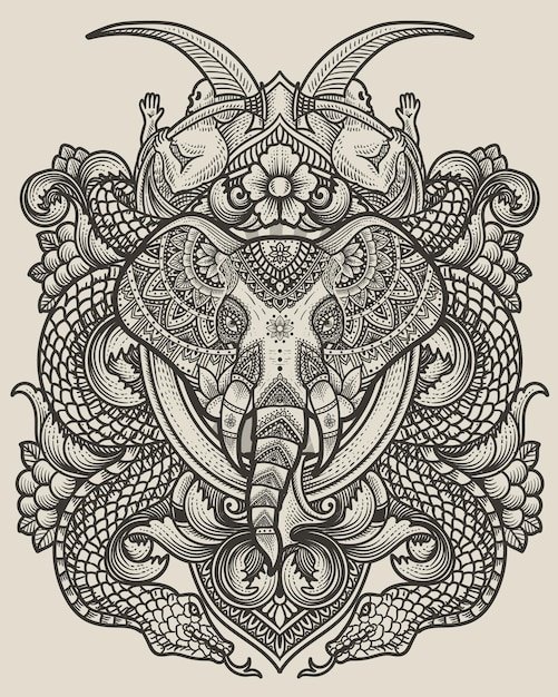 Elephant head tribal style with antique engraving ornament