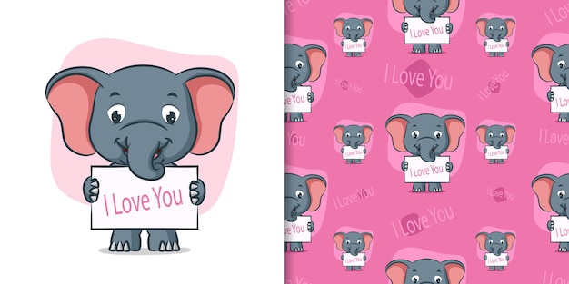 Elephant holding i love you board in pattern illustration