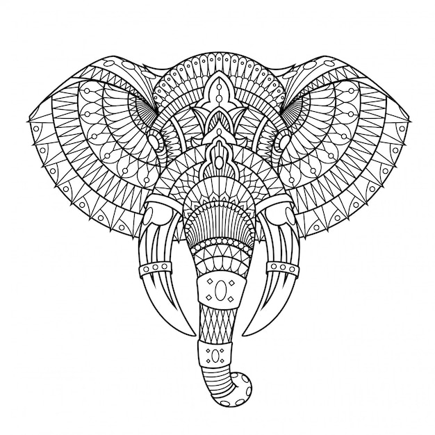 Illustrazione dell'elefante, mandala zentangle in libro da colorare di stile lineare