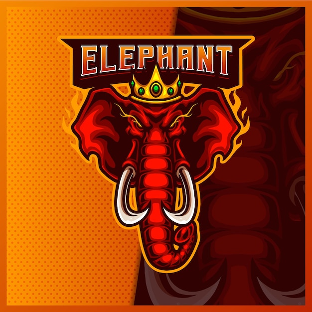 Elephant king head mascot esport logo design illustrations   template, elephant crown logo