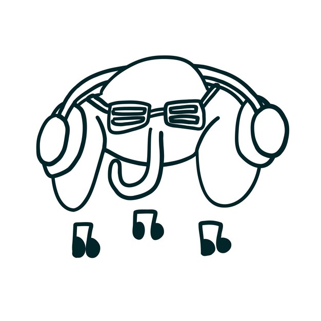 アウトライン落書きスタイルで補聴器で音楽を聴く象